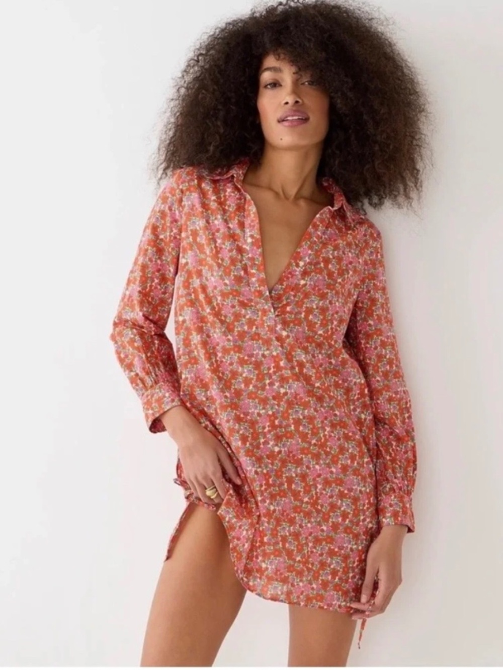 J. Crew COTTON VOILE TUNIC COVER-UP WITH SIDE TIES IN BRILLIANT BLOOMS